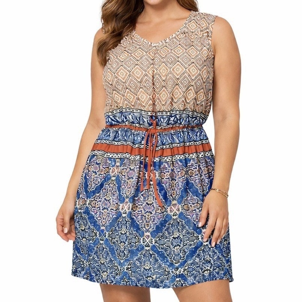 CASLON Sleeveless Shift Dress sz XL Blue Orange Boho Geometric Casual Resortwear